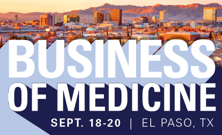 El Paso skyline with Business of Medicine conference details in text
